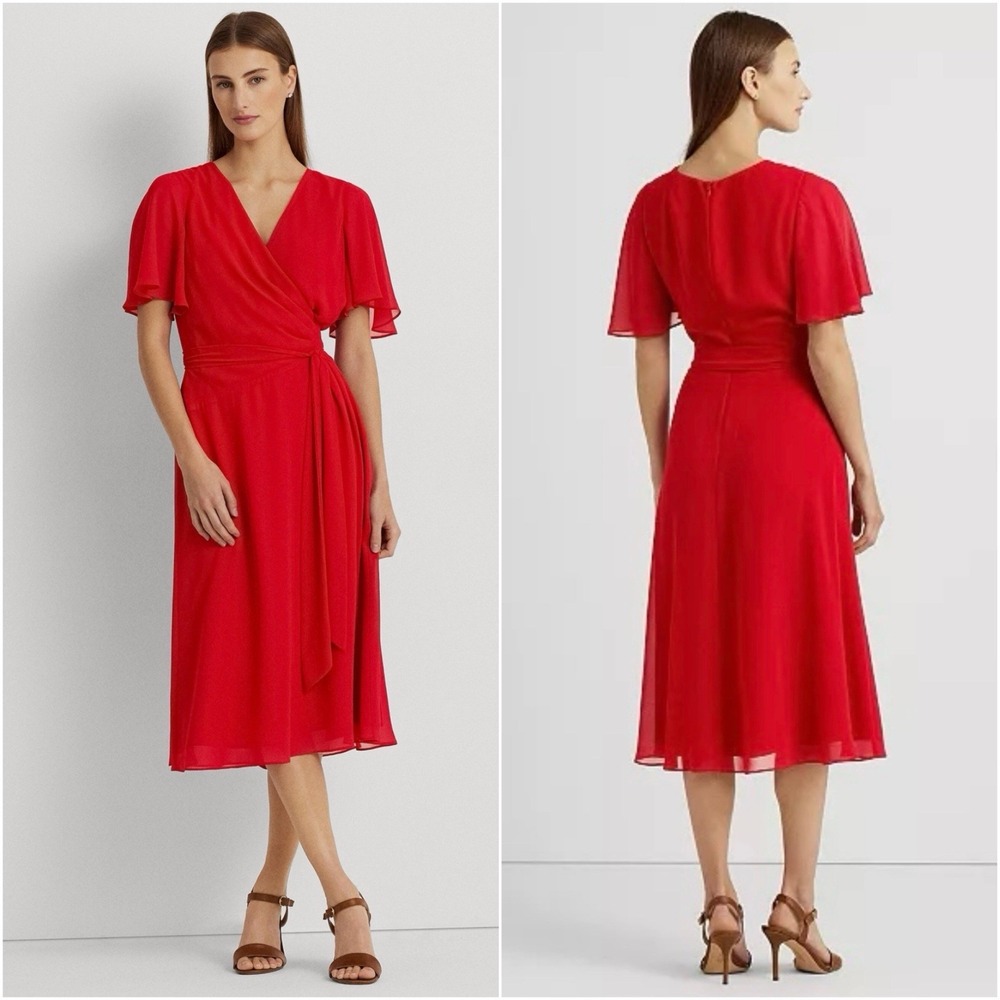 Lauren Ralph Lauren Women's Belted Georgette Dress Martin Red NWT $145 Size 8